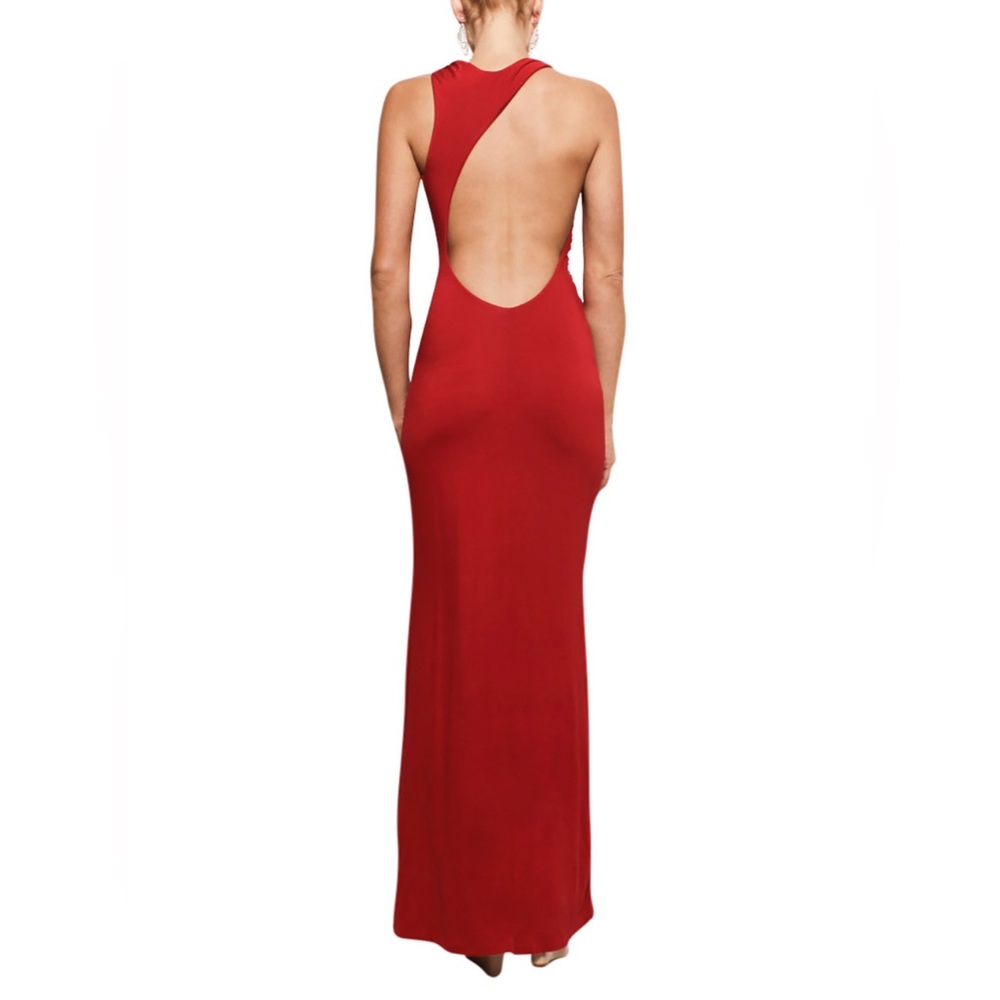 NWT NEW Red Backless Cut Out Gown Dress Mesh Lined Long Maxi Asymmetrical …